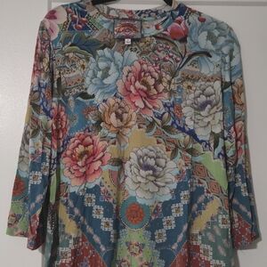 Johnny Was Floral Patchwork Long Sleeve Top - Blue, Pink, Green